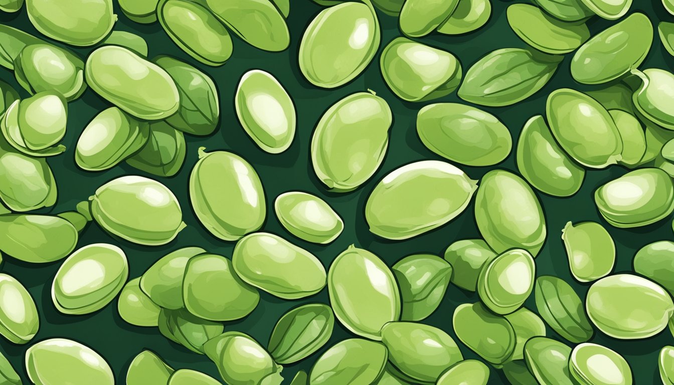 A pile of lima beans on a kitchen counter, some fresh and green, others shriveled and discolored