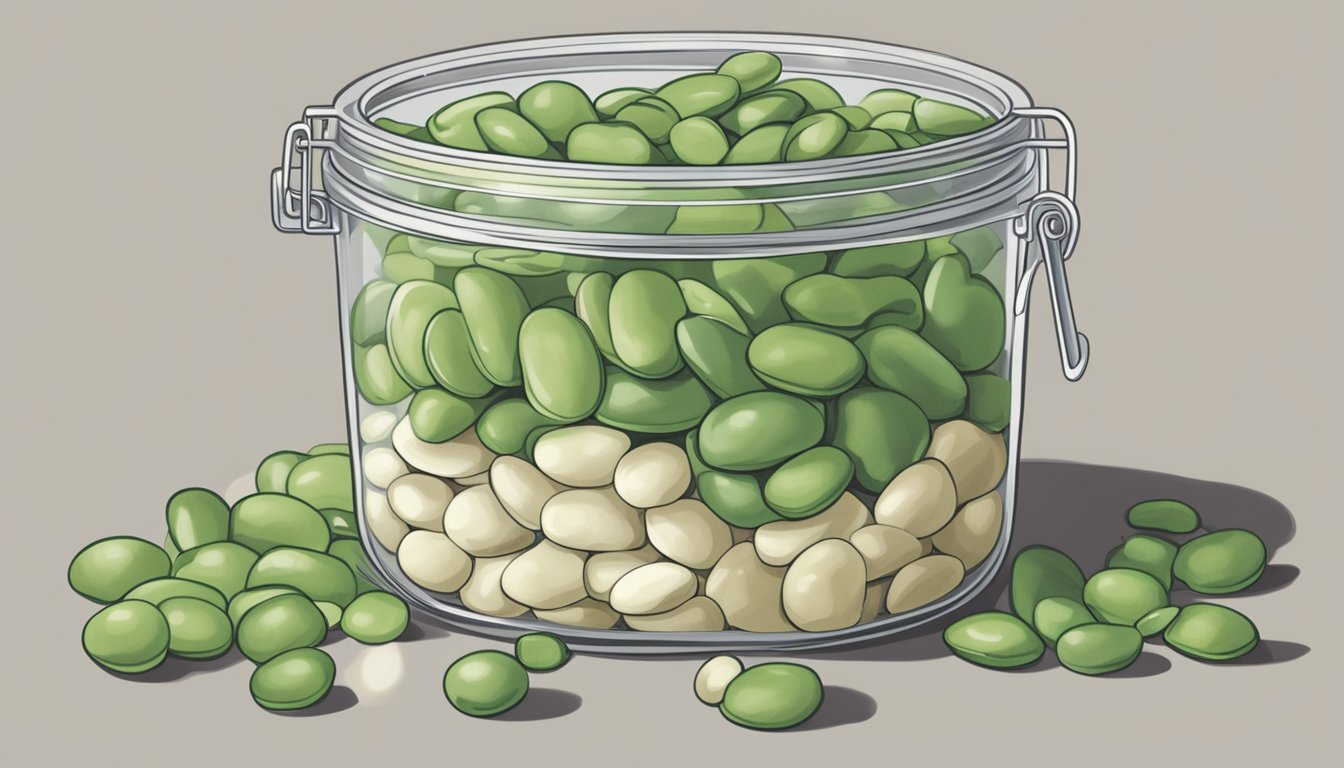 A pile of lima beans in a clear, airtight container with a label reading "Storage Fundamentals."