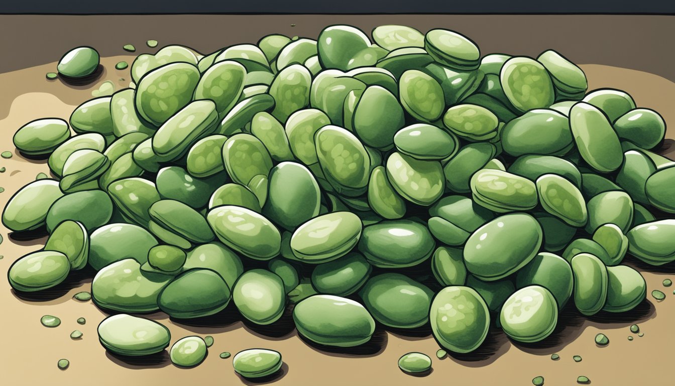 A pile of lima beans sits on a kitchen counter, some beginning to shrivel and darken with mold