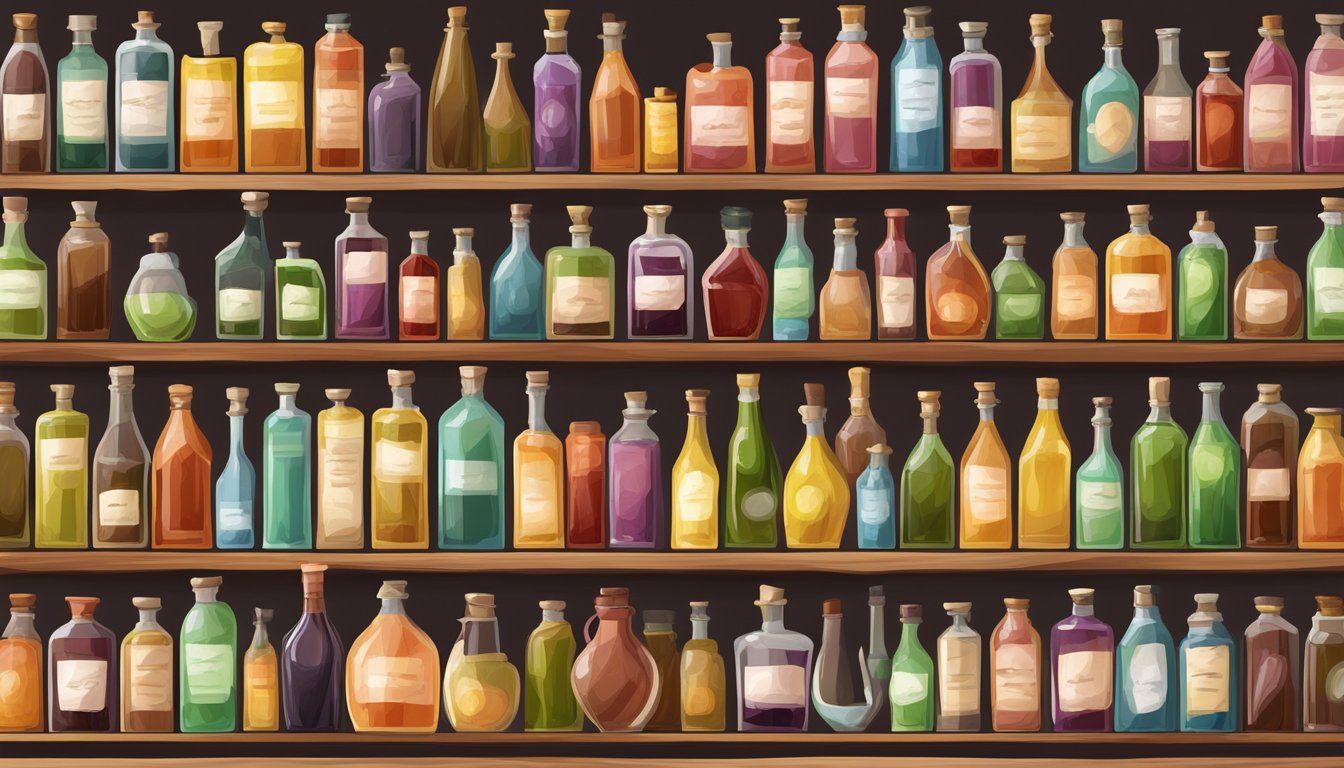 A variety of vinegar bottles arranged on a wooden shelf, with different colors and sizes. Some are open and partially used, while others are still sealed