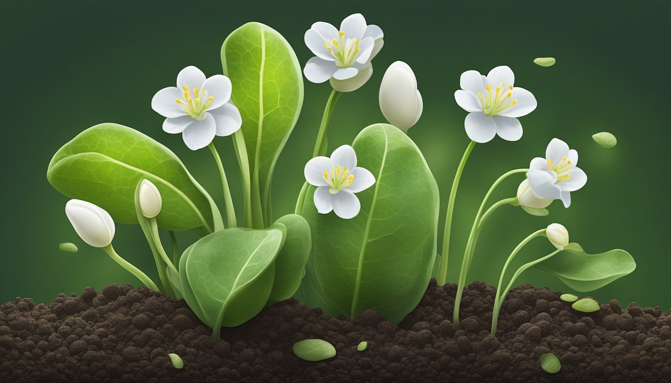 A sprouting lima bean seedling emerges from the soil, growing into a leafy green plant with delicate white flowers, followed by the development of plump pods containing mature beans