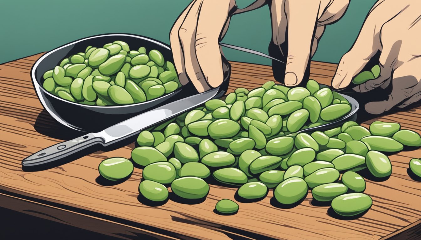 A pile of fresh lima beans sits on a cutting board next to a knife and a bowl of water. A hand reaches for a bean to inspect it for freshness