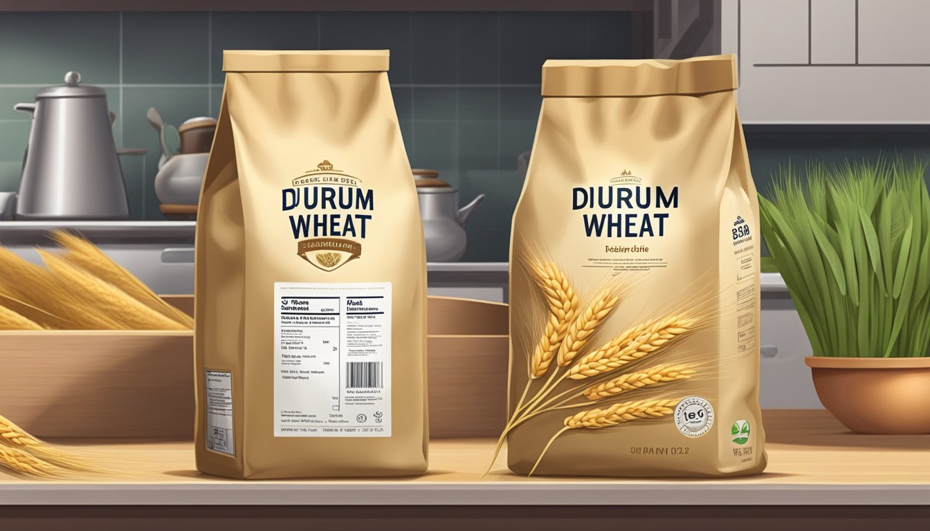 A bag of durum wheat sits on a kitchen shelf, with a best before date clearly visible on the packaging