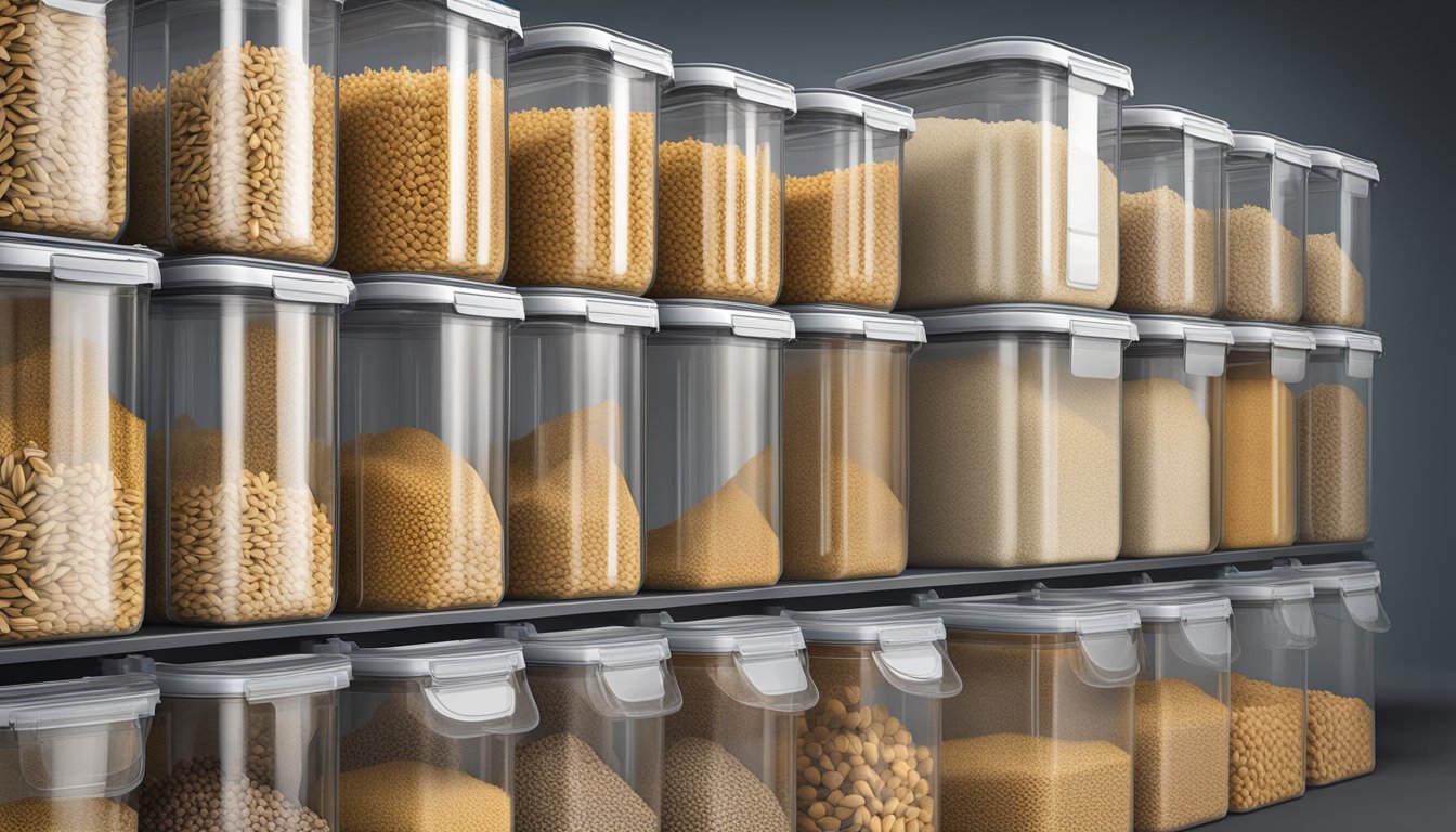 Durum wheat stored in airtight containers, away from moisture and heat, with clear labeling for easy identification