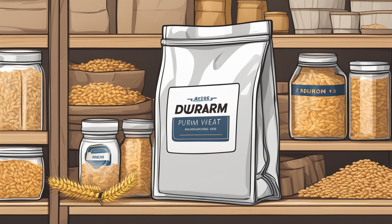 A bag of durum wheat sits on a pantry shelf, surrounded by other dry goods. The expiration date is visible on the packaging