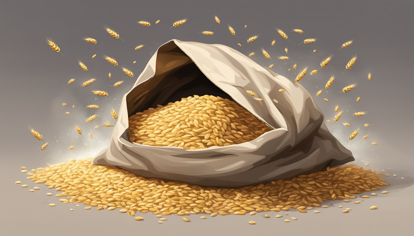 A pile of moldy durum wheat sits in a torn open bag, surrounded by flies and emitting a foul odor