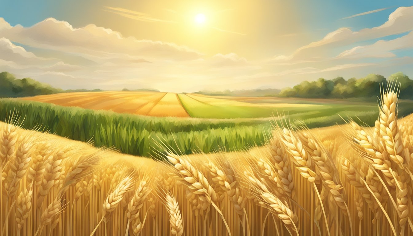 A field of durum wheat standing tall next to other grains, with the sun shining down and a gentle breeze blowing through the crops