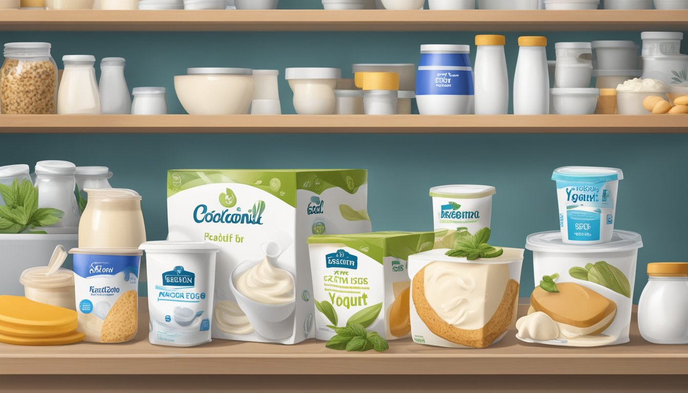 A carton of yogurt sits on a kitchen shelf, surrounded by other food items. The expiration date on the label is visible