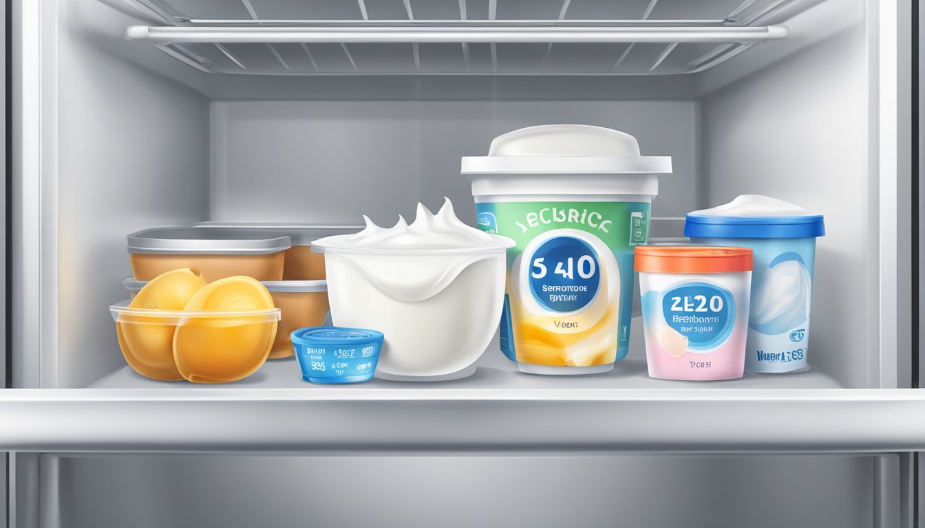 A refrigerator shelf with a container of yogurt, a clear expiration date, and a temperature gauge nearby