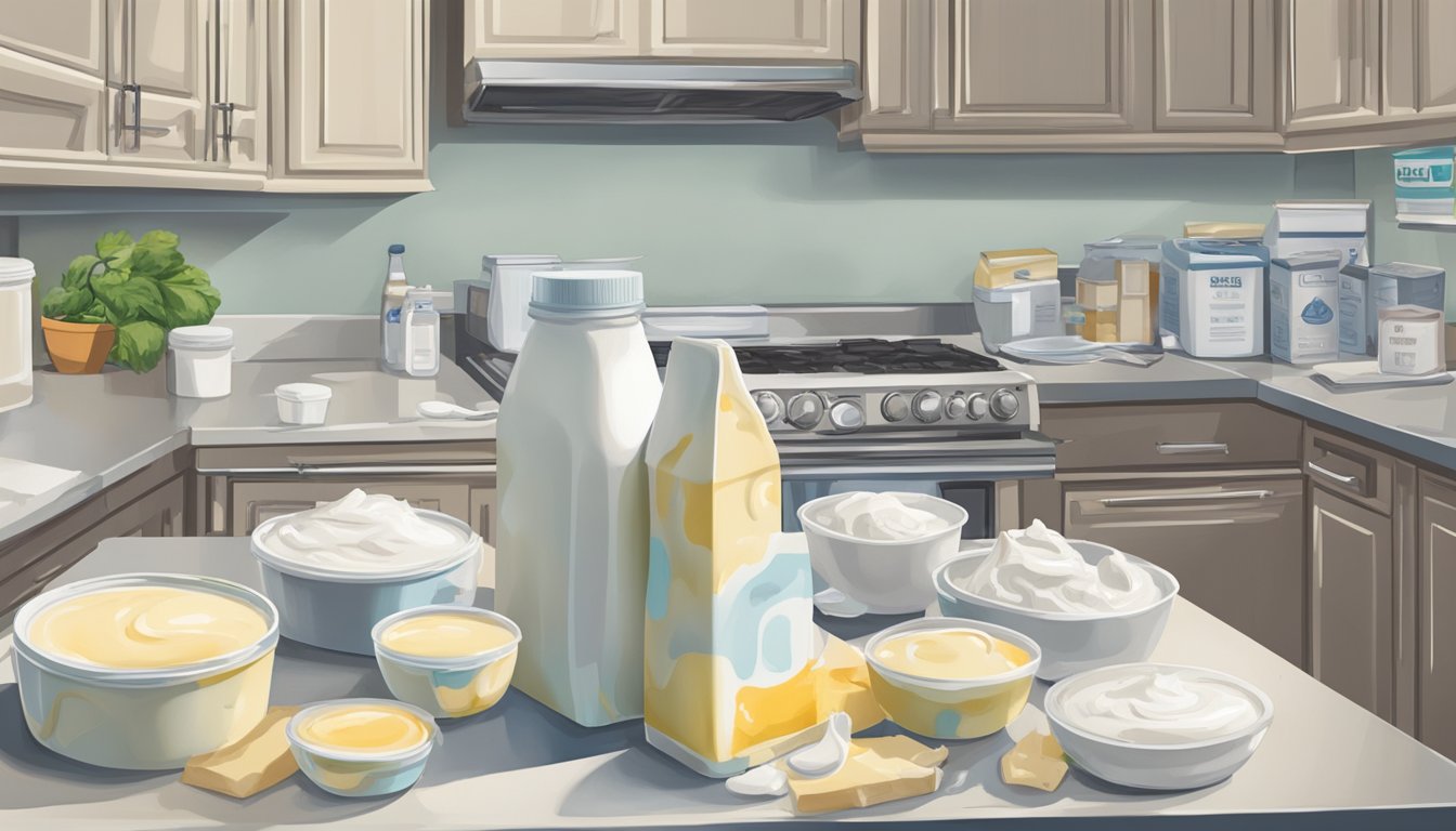 A carton of yogurt sits on a kitchen counter, surrounded by various expired dairy products. The yogurt is bloated and leaking, emitting a foul odor