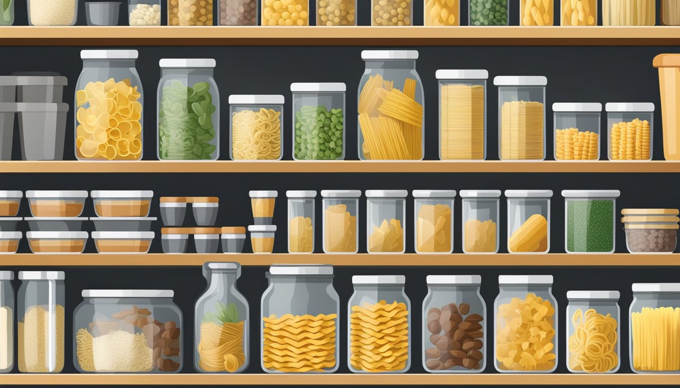 A pantry shelf with organized containers of various pasta shapes and sizes. A label maker sits nearby, ready to be used for proper storage