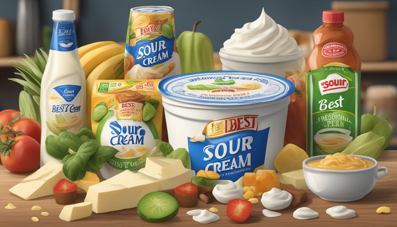 A carton of sour cream with a "best by" date and a "use by" date printed on the label, surrounded by various food items