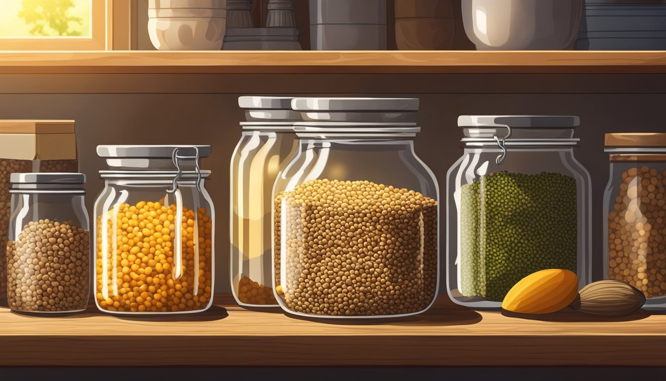 A clear glass jar filled with lentils sits on a wooden shelf, surrounded by other pantry items. Sunlight streams through a nearby window, casting a warm glow on the scene