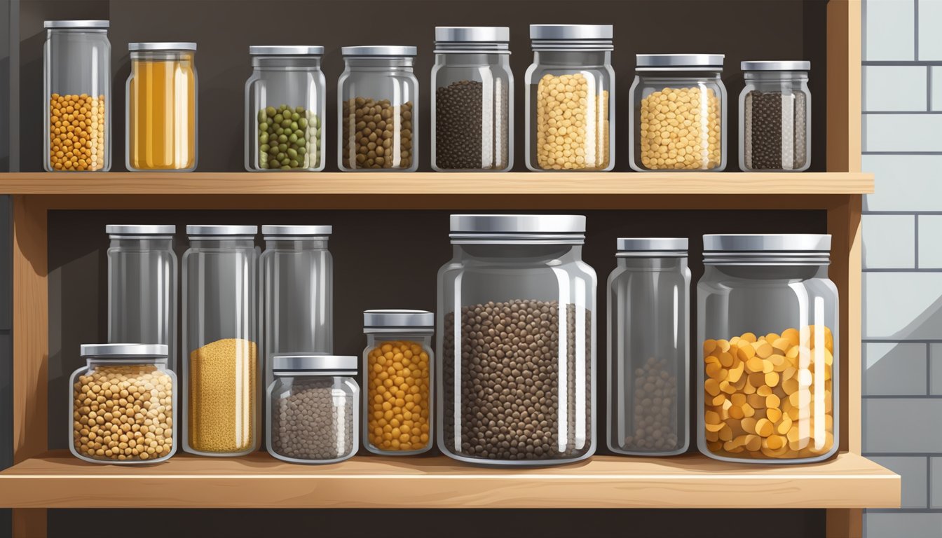 A glass jar filled with dried lentils, sealed with a metal lid, sitting on a shelf in a pantry