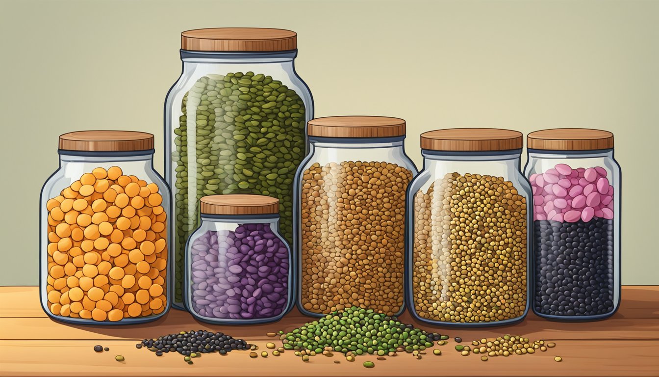 A colorful array of lentils in various containers, some open and spilling out onto a wooden surface, with a few scattered around