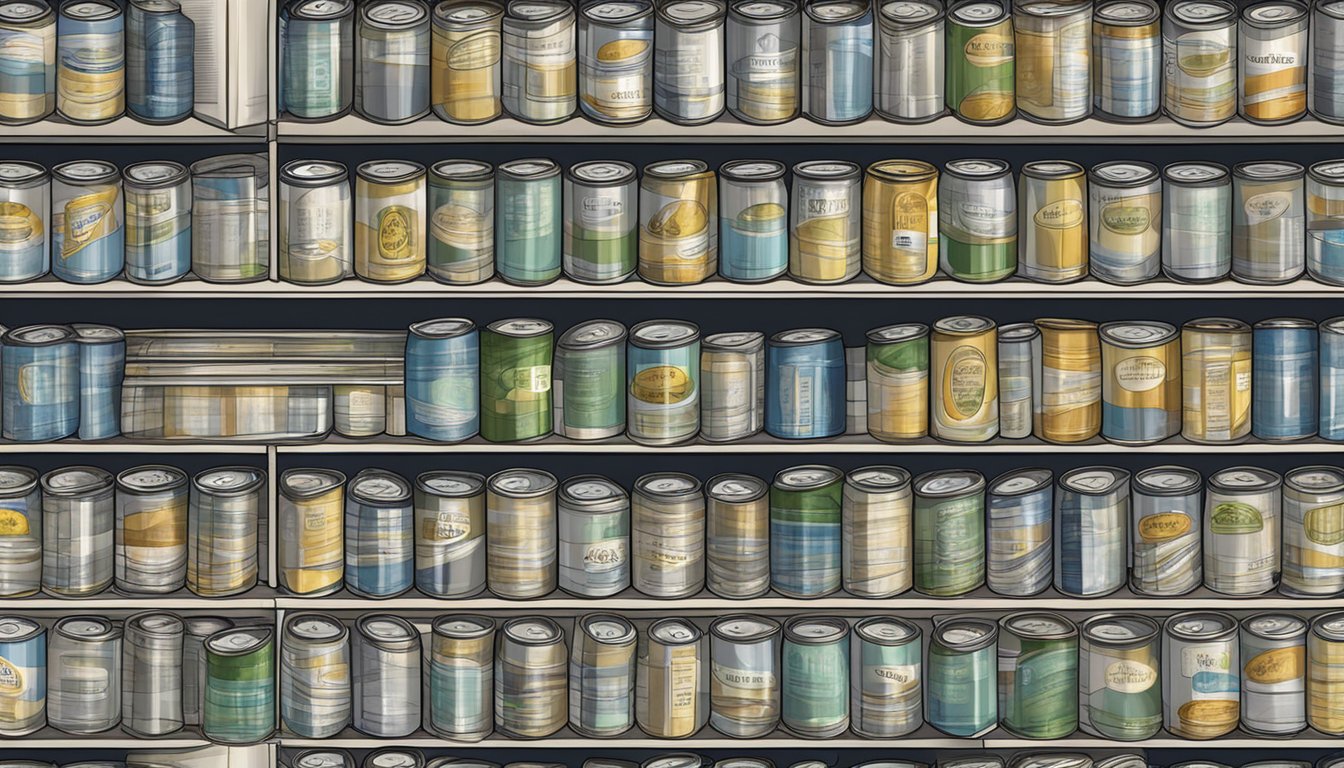 A pantry shelf with rows of canned herring, some with expiration dates visible