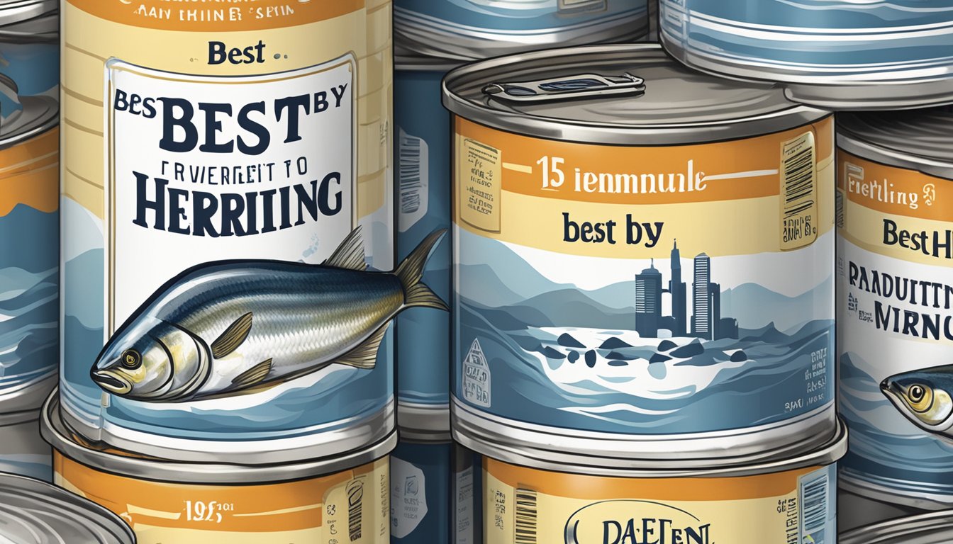 Canned herring on a shelf with a "best by" date label