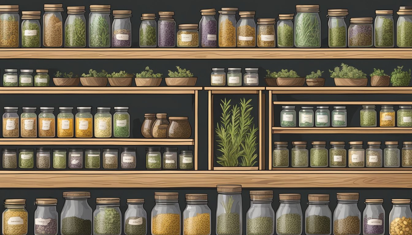 Assorted dried herbs neatly organized in labeled jars on wooden shelves