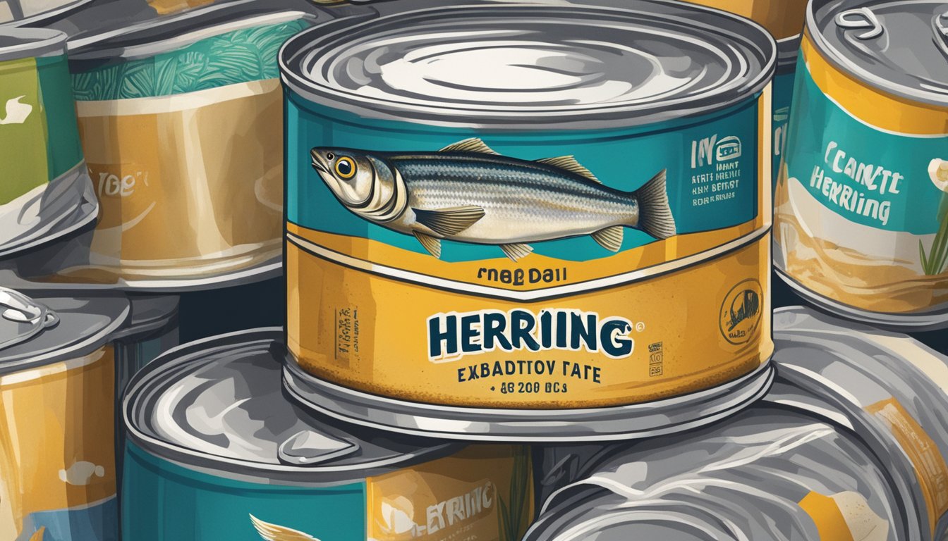 A can of herring sits on a shelf, surrounded by other canned goods. The expiration date is clearly visible on the label, and the can shows signs of rust and bulging