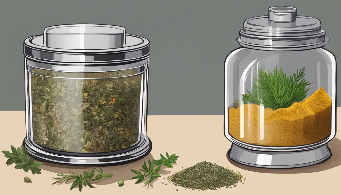 Dried herbs in a grinder, with fine powder and whole pieces, next to an open jar showing the difference in texture and color