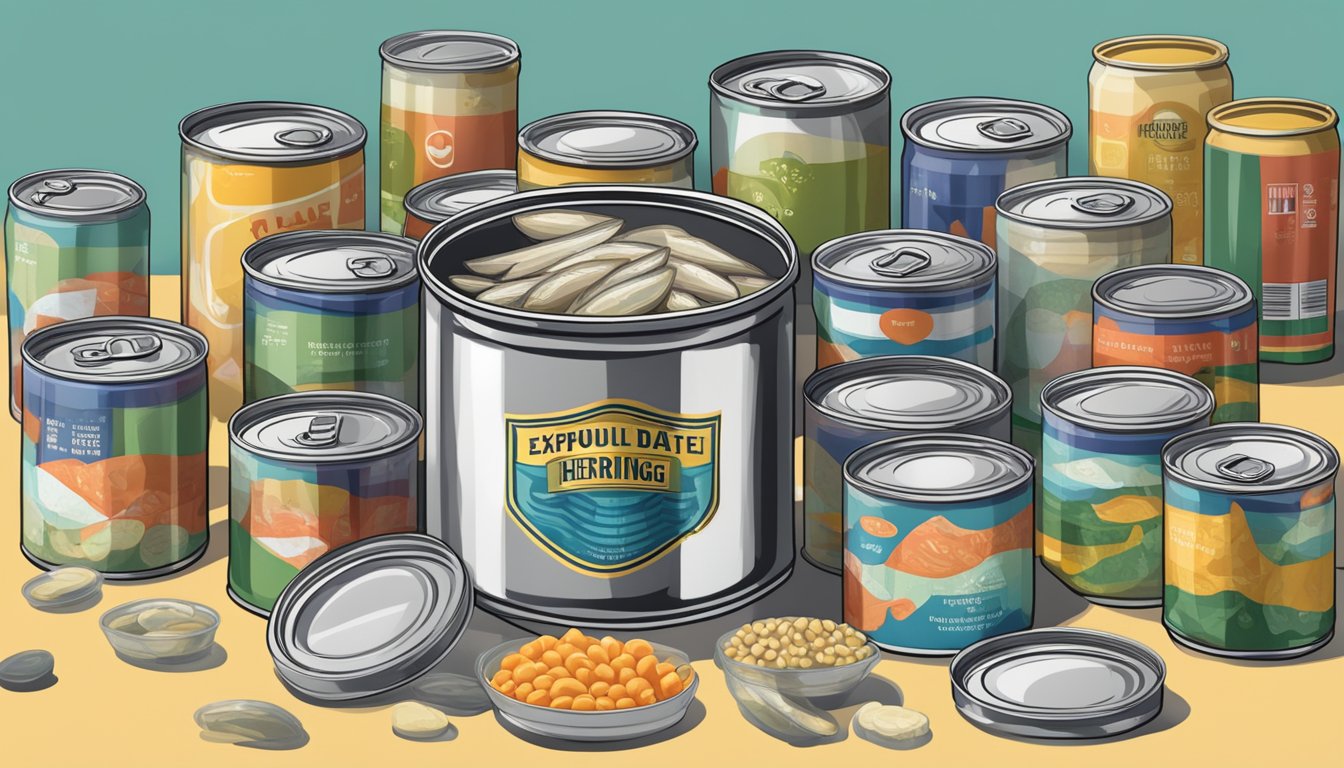 An open can of herring surrounded by various expiration date labels and a storage area with other canned goods