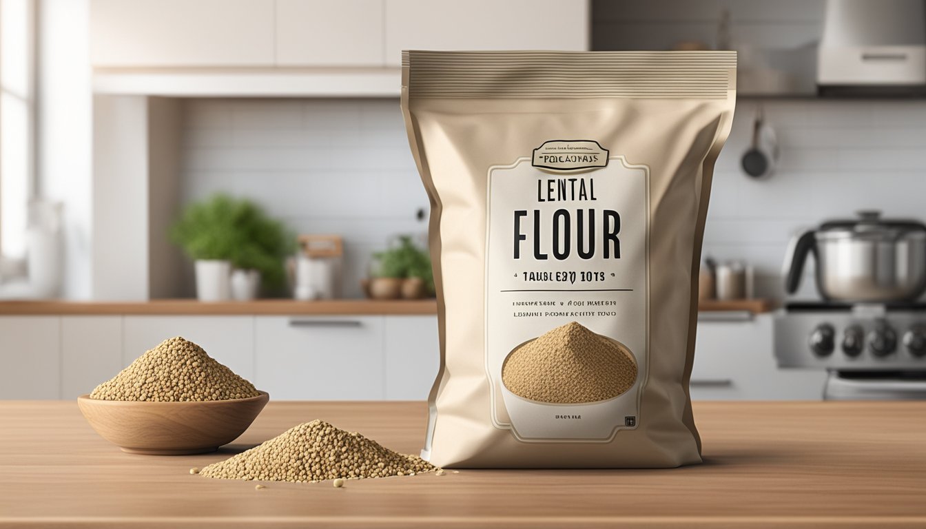 A bag of lentil flour sits on a kitchen counter, with a clear expiration date visible