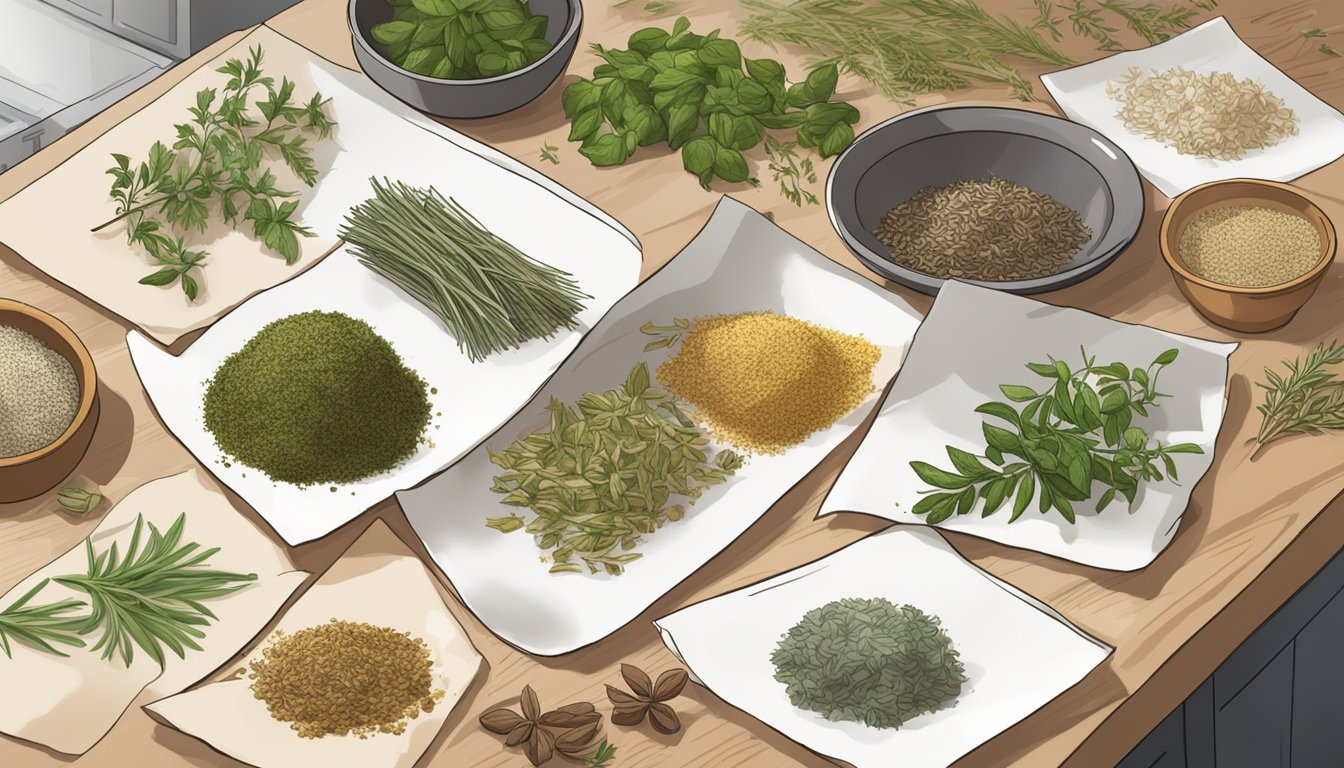 Dried herbs spilling out of torn labels, scattered on a kitchen counter. Some herbs are discolored and clumped together