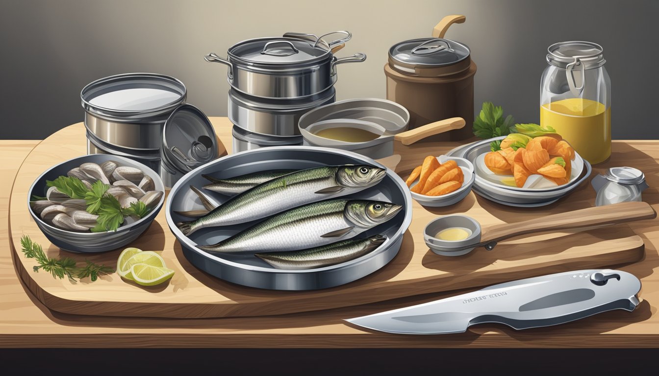 A kitchen counter with open cans of herring, a cutting board, knife, and various cooking utensils