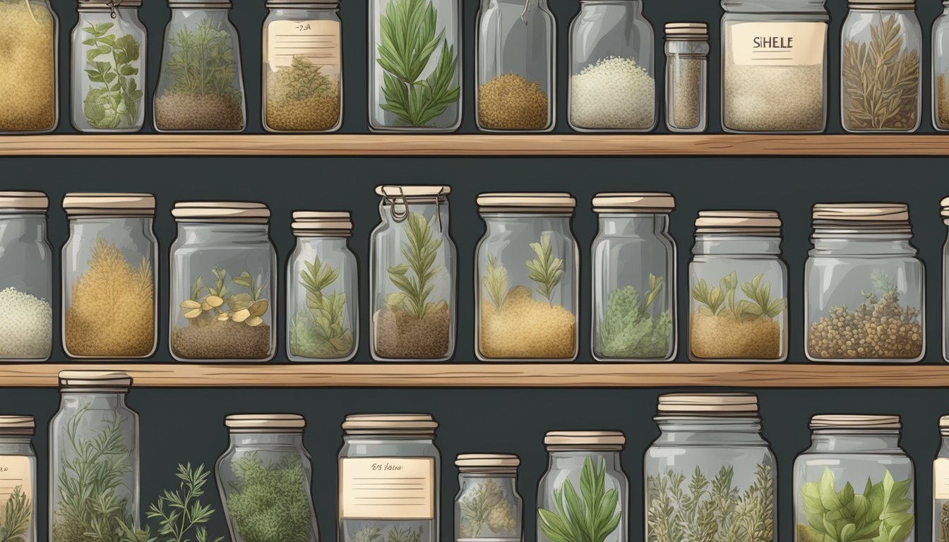 A shelf with various dried herbs in glass jars, some with labels faded from time, surrounded by a faint aroma