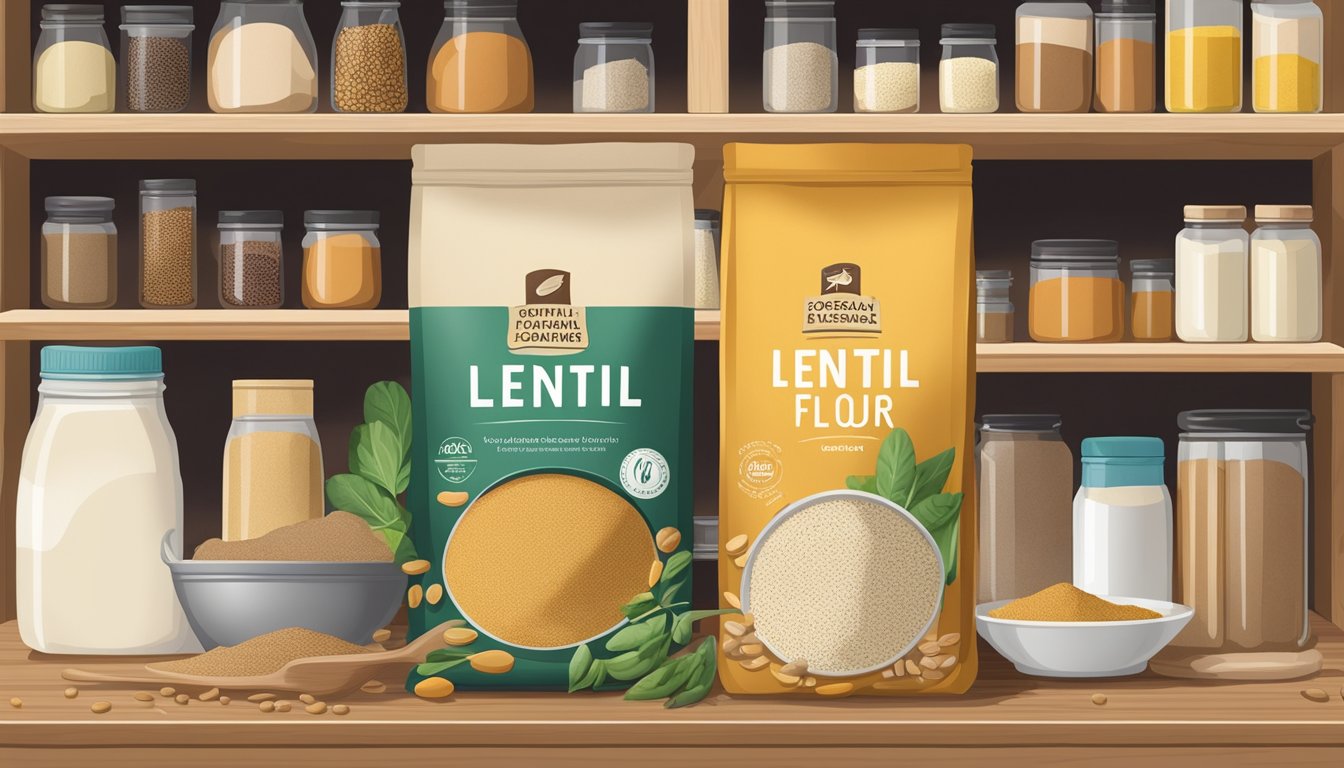 A bag of lentil flour sits on a pantry shelf, surrounded by other cooking ingredients. The packaging is intact, and there are no signs of spoilage