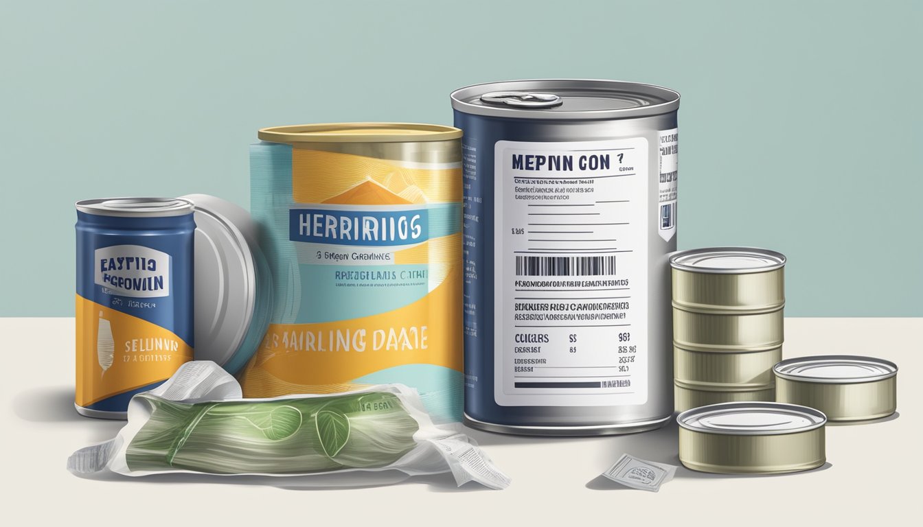 A can of herring with a clearly labeled expiration date, surrounded by other canned goods and regulatory documents