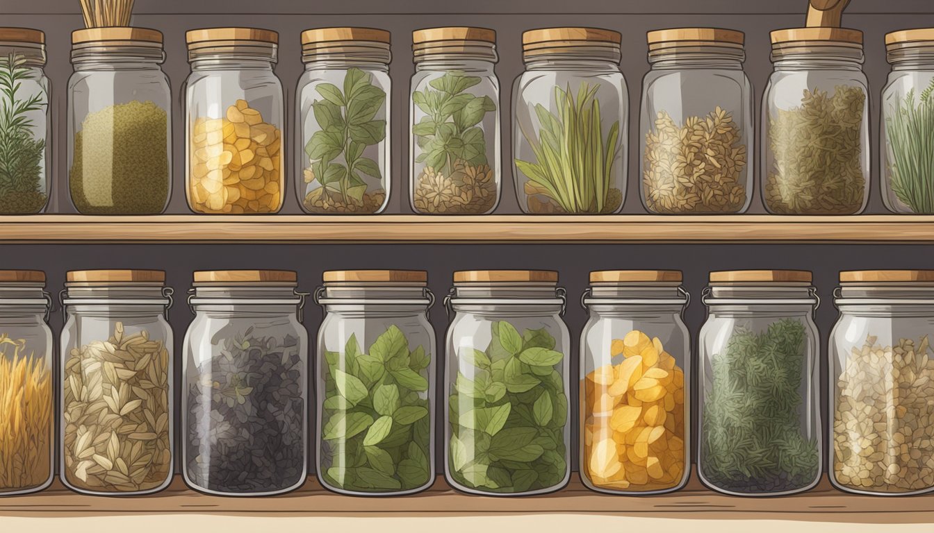 A shelf of dried herbs in glass jars, some with faded labels, sitting in a sunlit kitchen