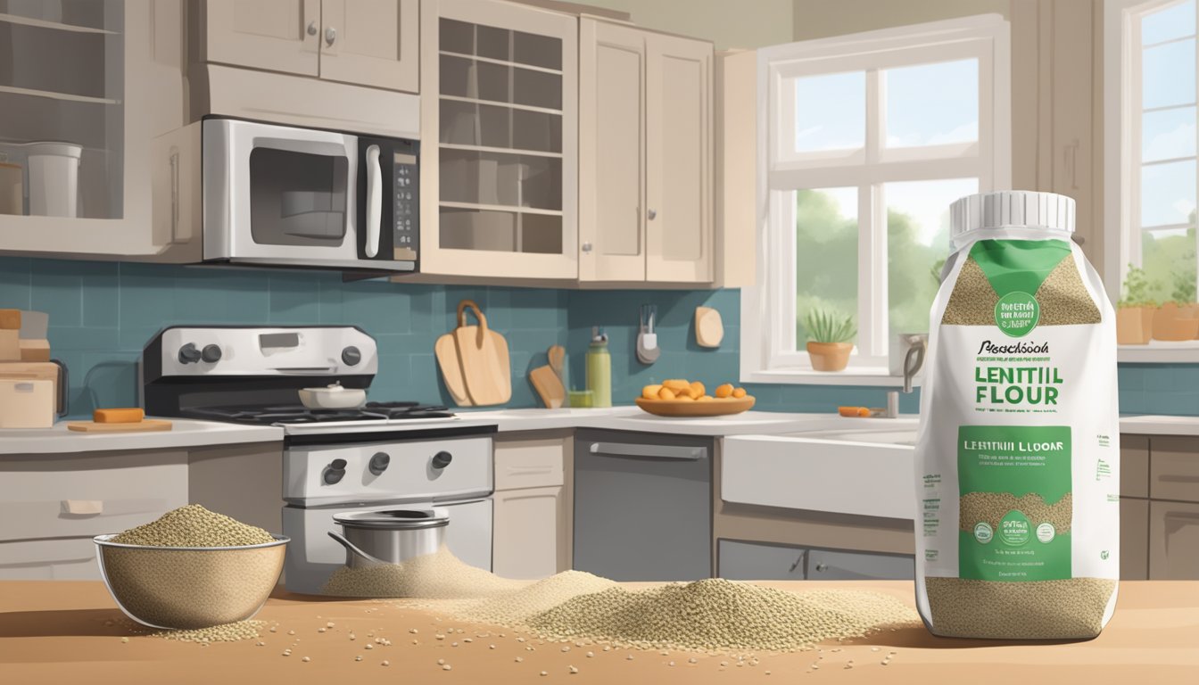 A bag of lentil flour sits open on a kitchen counter, with visible signs of mold and a musty smell emanating from it