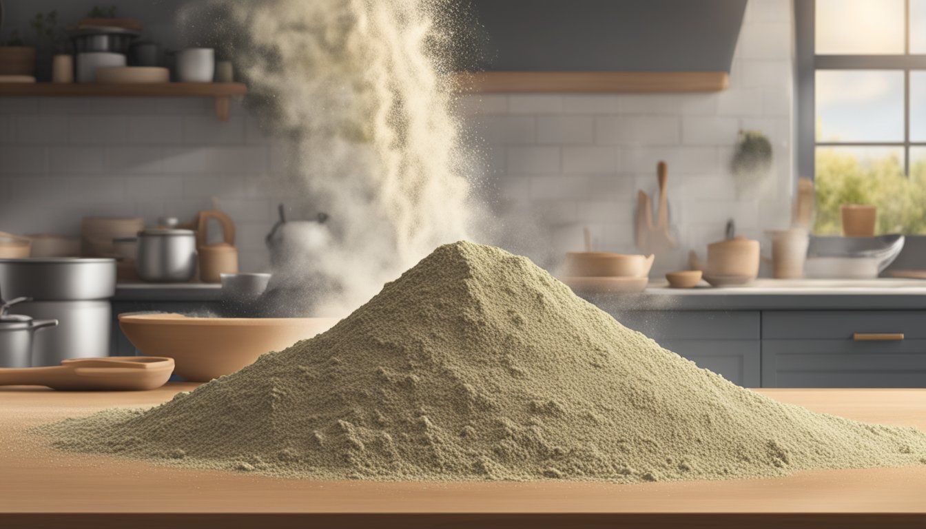 A pile of spoiled lentil flour sits on a kitchen counter, with mold growing on its surface. A cloud of dust rises as someone reaches for it