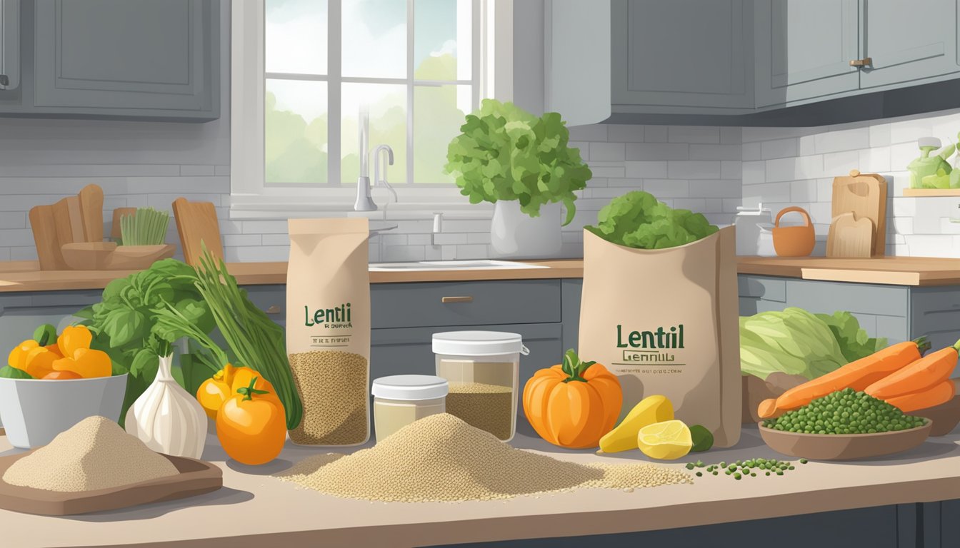 A bag of lentil flour sits on a clean, organized kitchen counter, surrounded by fresh produce and airtight containers