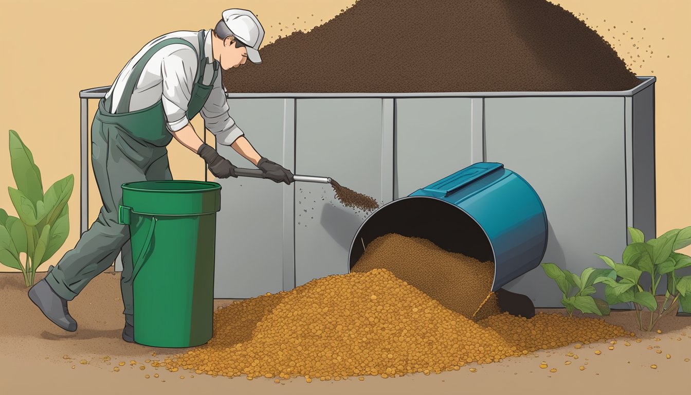 A person pours spoiled lentil flour into a designated compost bin, with other food waste