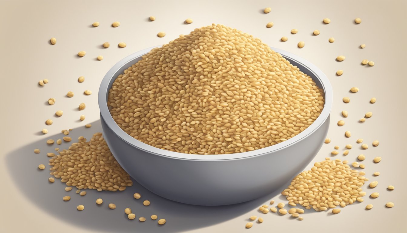 A pile of sesame seeds spilling out of an open container, some scattered on a countertop, with a few seeds sprouting