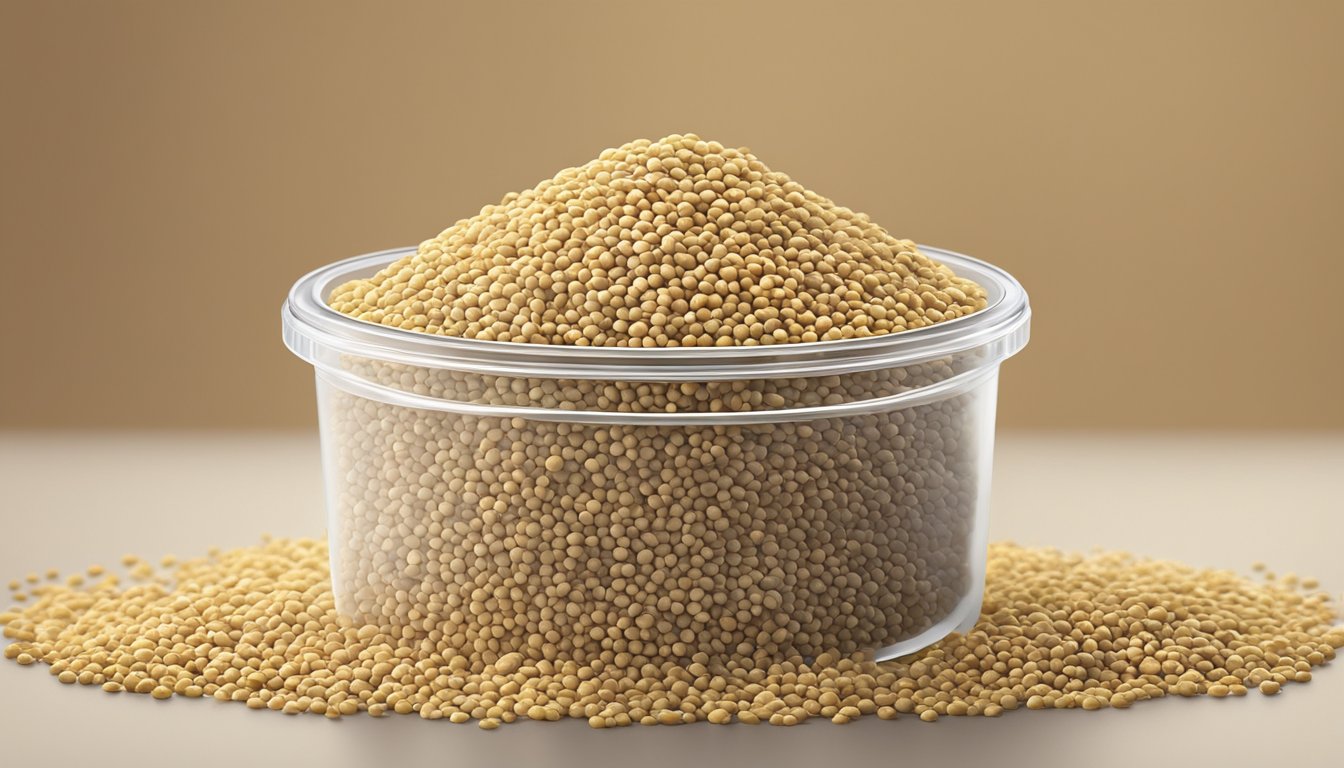 A pile of sesame seeds in a clear container with visible signs of mold and discoloration