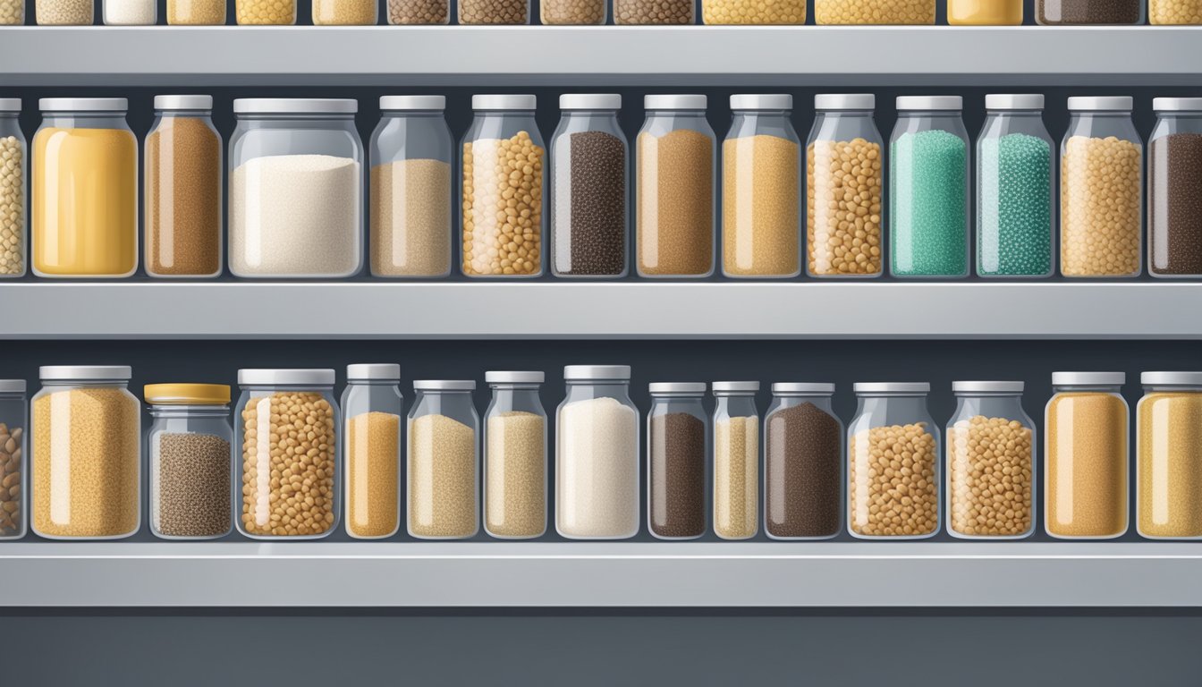 A sealed container of sesame seeds sits on a clean, organized pantry shelf, with no signs of pests or contamination