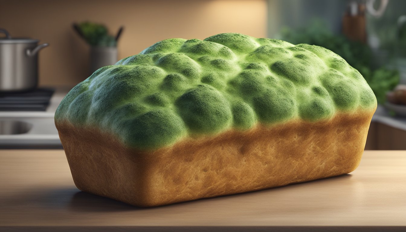 A loaf of bread covered in green mold sitting on a kitchen counter