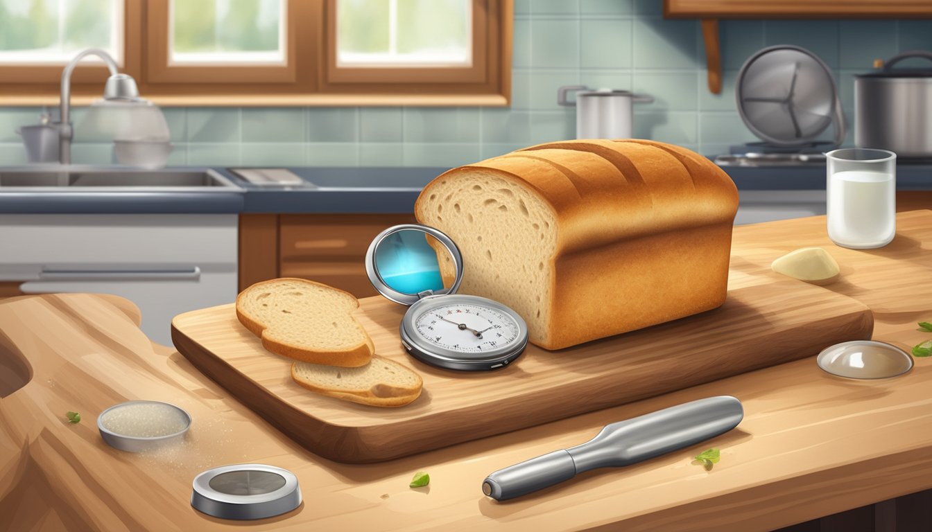 A loaf of bread sits on a wooden cutting board, surrounded by a kitchen timer, temperature gauge, and mold spores under a magnifying glass