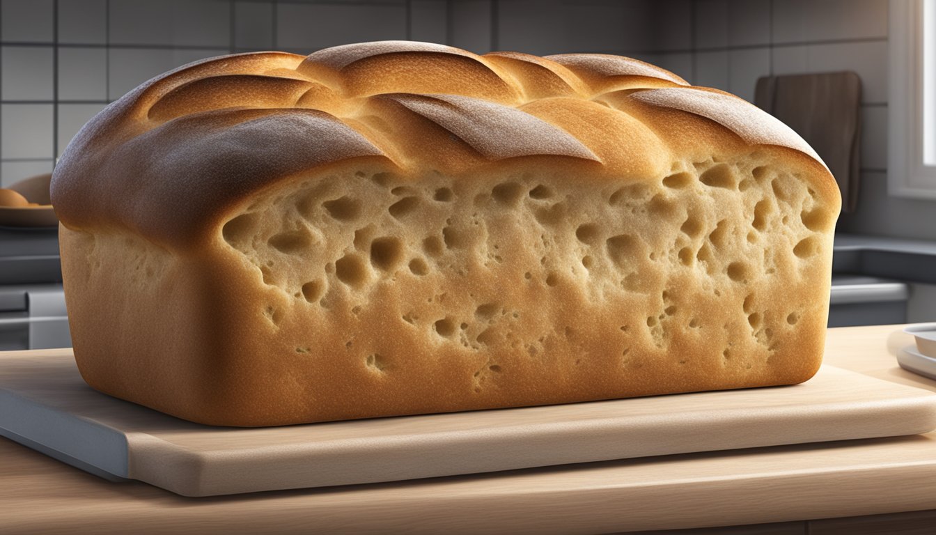 A loaf of bread with visible signs of mold, sitting on a kitchen counter