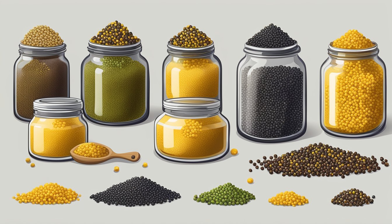 A variety of mustard seeds in different colors and sizes, along with a selection of prepared mustard in jars and bottles