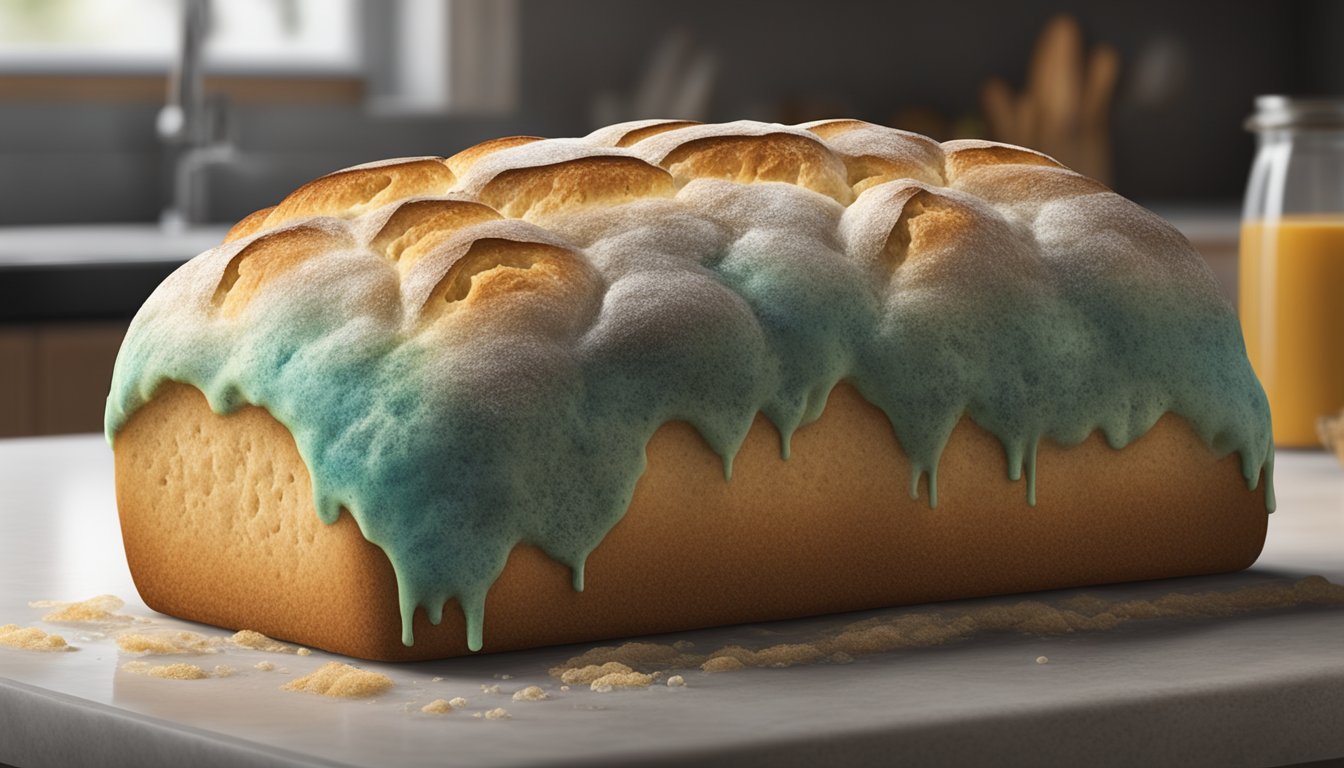 A loaf of bread sits on a countertop, covered in mold, with a foul odor emanating from it