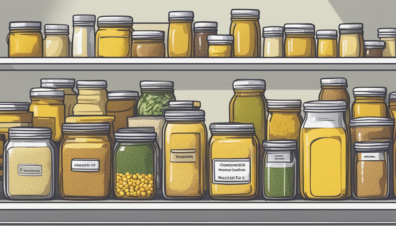 A jar of mustard sits on a clean, organized kitchen shelf, surrounded by other condiments and spices. The label is clear and intact, indicating that it is within its expiration date