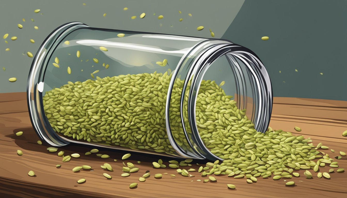 Fennel seeds spilling from a cracked glass jar onto a wooden surface, some seeds scattered around, while others remain in the jar