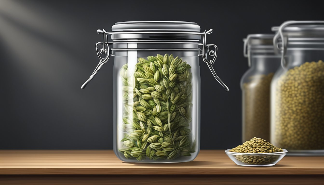 A glass jar filled with fennel seeds, sealed with a tight-fitting lid, placed on a shelf in a cool, dark pantry