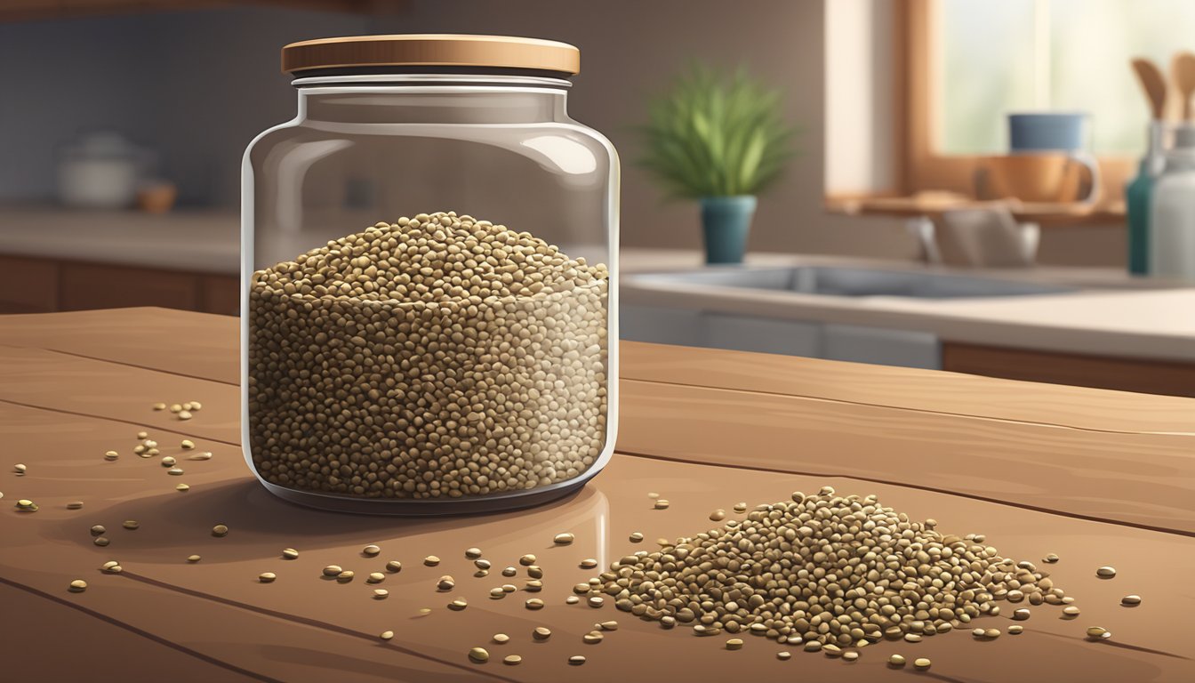 A clear glass jar filled with hemp seeds, sitting on a wooden kitchen counter next to a small pile of spilled seeds