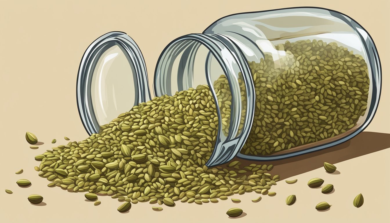 A pile of fennel seeds spilling out of a cracked glass jar, with a few seeds scattered on a wooden surface. Some seeds are shriveled and discolored, while others appear plump and aromatic