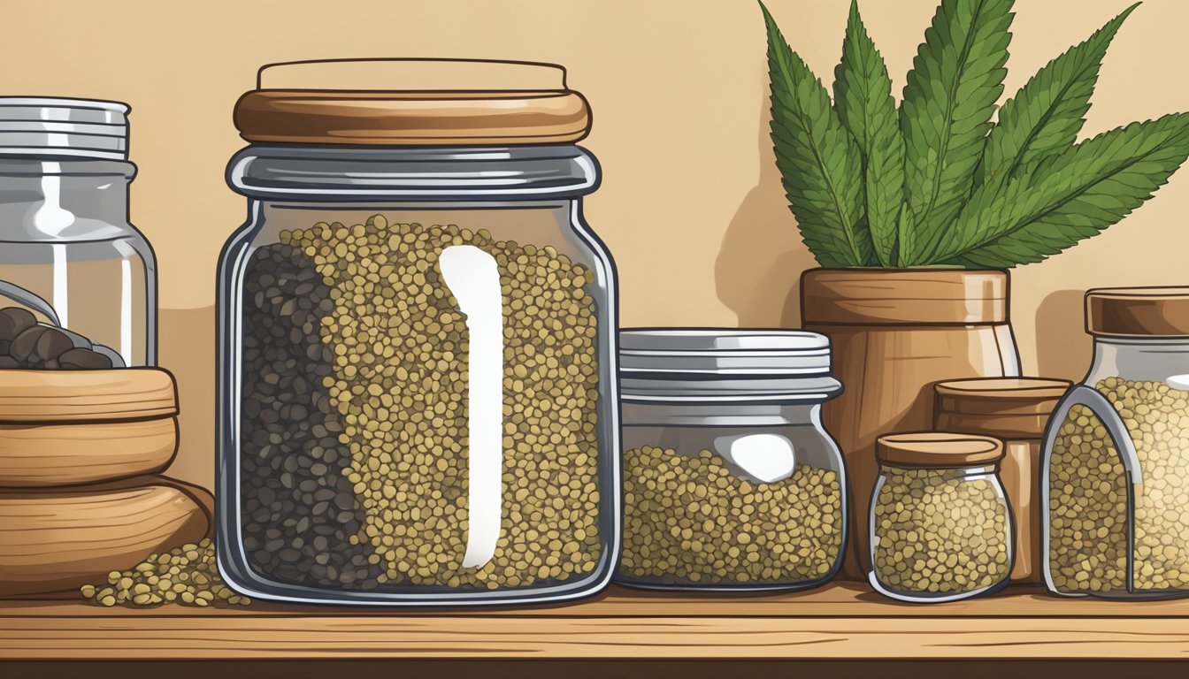 A clear glass jar filled with hemp seeds sits on a wooden shelf, surrounded by other pantry items. The seeds are dry and intact, with no signs of spoilage